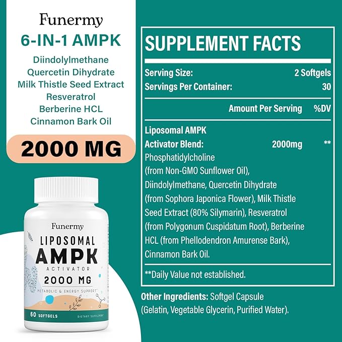 Liposomal AMPK Activator 2000 mg - High Bioavailability Berberine HCL,DIM,Milk Thistle,and Cinnamon Bark Capsule 6-in-1 AMPK Supplements for Antioxidant Support and Cellular Regulation, 600 Softgels