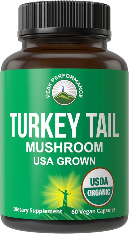 Peak Performance Organic Turkey Tail Capsules - USA Grown Made with Real Turkey Tail Mushroom. Immune System Support Naturally Harvested Mushroom Supplements for Immunity. Vegan Supplement Extract