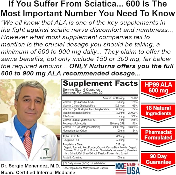 Sciatica Supplement Nerve Relief with 600 mg Alpha Lipoic Acid - Maximum Strength ALA Sciatic Support for Feet, Hands, Fingers, and Legs - Ultra Potent 18-in-1 Natural Nerve Vitamins - 120 Capsules