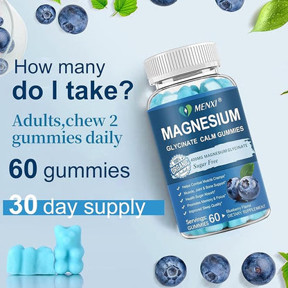 Magnesium Gummies 600mg per Serving-Magnesium Glycinate 400mg and Magnesium Malate 200mg,Sugar Free Magnesium Potassium Supplement for Calm Mood, Muscle, Bone & Energy Support,120 Blueberry Gummies