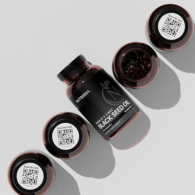 Nutriissa Black Seed Oil + Elder Berry Gummies – Cold-Pressed Black Cumin Seed Nigella Sativa Oil – EPEB Certified for Purity & Potency – 90 Blueberry Flavored Vegan Gummies