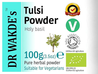 DR WAKDE'S Tulsi Powder (Holy basil | Ocimum sanctum) - 100g (3.5oz) | Pure, Raw & Dried Powder | Natural Aroma and Freshness | Fine Powder | Vegan | Premium Grade | Nothing Added, Nothing Removed