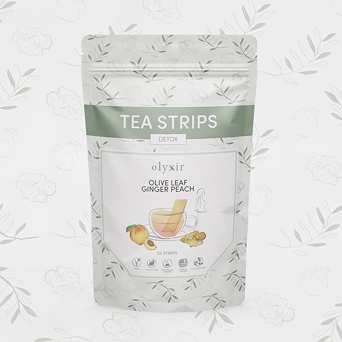Olyxir Detox Tea Strips - Natural Olive Leaf, Ginger, & Peach Flavors - Instant, Energizing, Organic, Paleo, Vegan, Non-GMO | 25 Ct