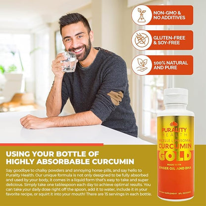 Curcumin Gold, from Turmeric with Ginger Oil & DHA Omega-3s, Micelle Liposomal Enhanced Absorption, Joint Health, 15 Day Supply