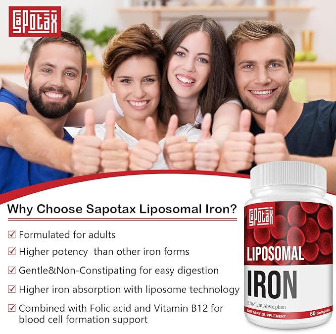 Liposomal Fe Iron Supplement for Women,65 mg Iron Supplements with Folic Acid & Vitamin B12 for Men,Red Blood Cell Production,Energy Support for Adults Iron Deficiency 60 Softgels(1 Bottle)