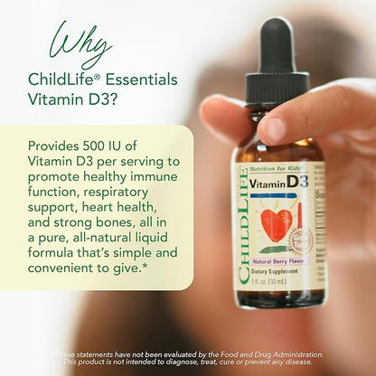 CHILDLIFE Essentials Vitamin D3 Drops for Kids, Children, & Toddlers - Liquid Vitamin D Drops, 500 IU per Drop, Immune & Bone Health Support, Natural Berry - 1 Fl Oz (Pack of 2)