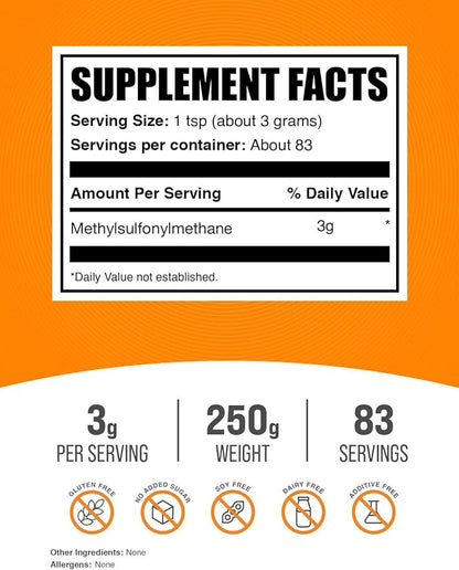 BulkSupplements.com MSM Powder - Methylsulfonylmethane, MSM Supplement, Nutritional Supplement - Gluten Free, 3g per Serving, 250g (8.8 oz) (Pack of 1)