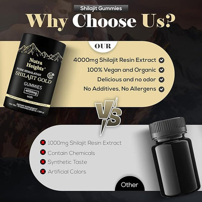 Himalayan Shilajit Gummies Gold – No Added Sugar – Ashwagandha, Gokshura, Fulvic Acid & 85+ Trace Minerals – Natural Supplement for Men & Women – 70 Vegan Gummies – Non-GMO & Organic