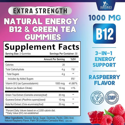 Energy Gummies Vitamin B12 1000 mcg, Green Tea Natural Caffeine Support, Extra Strength Daily Energy Vitamins, Delicious Berry Flavor Gluten Free Chewable Supplement for Cycling & Running - 60 Chews