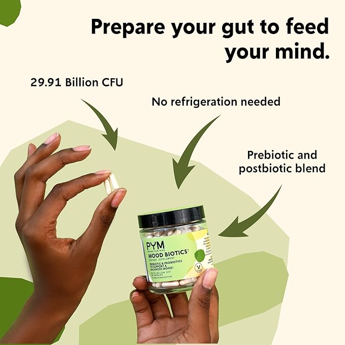 Prebiotics and Probiotics Mood Biotics by PYM with 22.91 Billion CFU (60 Count) Gut Health & Mood Support Supplement | Non-GMO, Vegan, Gluten Free