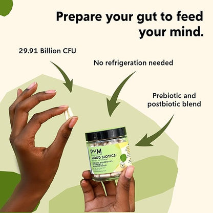Prebiotics and Probiotics Mood Biotics by PYM with 22.91 Billion CFU (60 Count) Gut Health & Mood Support Supplement | Non-GMO, Vegan, Gluten Free