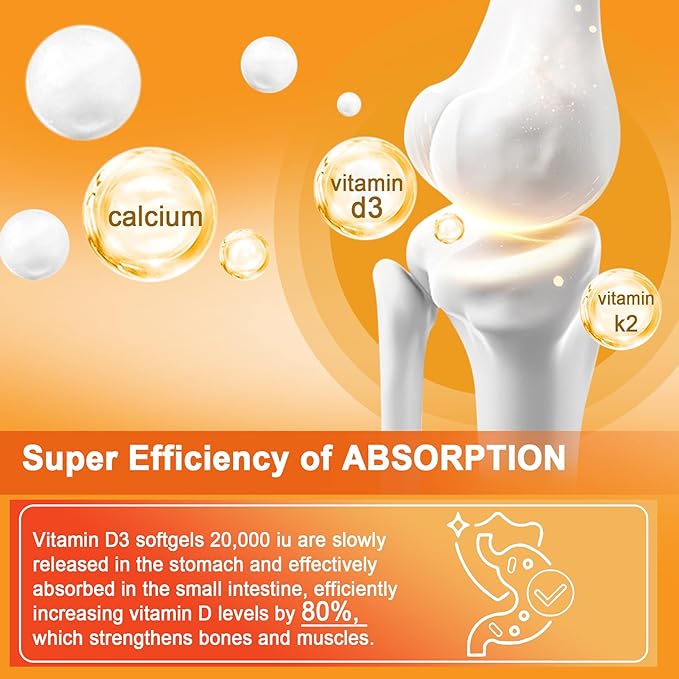Vitamin D3 20,000 IU + K2(MK7) 200mcg-Optimal Vitamin D3 & K2-Support Strong Bones & Muscle, Calcium Absorption & Immune Health, Helping Vitamin D Deficiencies, Easy to Swallow, (Pack of 2)