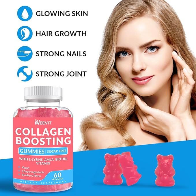 Collagen Boosting Gummies, Vegan Collagen Gummies for Women with L-Lysine, Amla, Biotin, Vitamin C, A, E, Collagen Booster Gummies Supplement for Hair Skin Nails & Joint