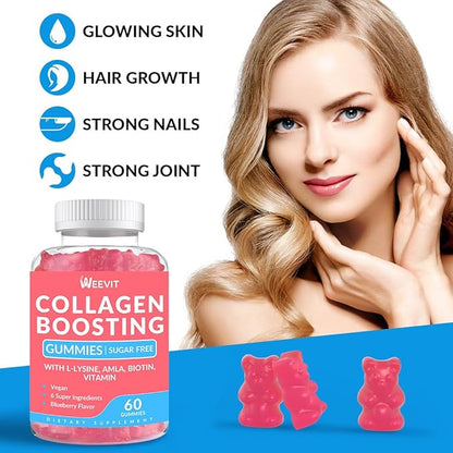 Collagen Boosting Gummies, Vegan Collagen Gummies for Women with L-Lysine, Amla, Biotin, Vitamin C, A, E, Collagen Booster Gummies Supplement for Hair Skin Nails & Joint