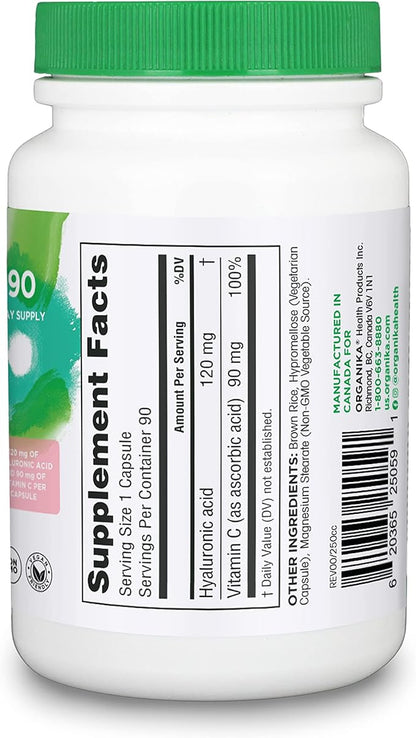 Organika Hyaluronic Acid Supplement with Vitamin C (90 Vegetable Capsules): Symbiotic Joint Wellness, Collagen, & Skin Hydration Powerhouse - Enhanced Hyaluronic Acid Supplements for Mobility & Beauty