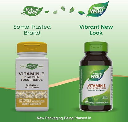 Nature's Way Vitamin E, D-Alpha Tocopherol, Essential Antioxidant, Helps Neutralize Free Radicals*, 268 mg per Serving, 100 Softgels (Packaging May Vary) - 2 Pack