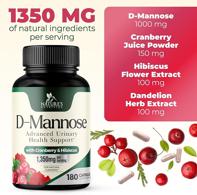 DMannose Pills with Cranberry 1350mg Advanced Formula - Effective Natural Bladder, Urinary Tract Health Support, Flush Impurities - D Mannose Supplements for Women & Men, Non-GMO, Vegan - 180 Capsules