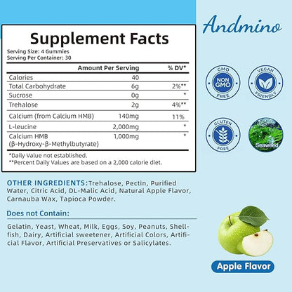 HMB and L-Leucine Gummies, 3000mg, with Trehalose, for Muscle Growth, Muscle Relief and Workout Recovery, for Adults & Elder, Non-GMO, Vegan, Gluten Free, Apple Flavor, 120