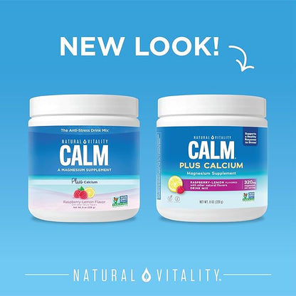 Natural Vitality CALM Magnesium Supplement Drink Mix Plus Calcium, Anti-Stress Drink Mix Powder, With Calcium, Vegetarian & Non-GMO, Raspberry Lemon, 8 oz