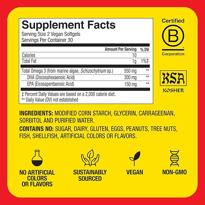 BRAGG Omega-3 Supplement Capsules with DHA and EPA - 90 Vegan Softgels - Sustainably-Sourced Marine Algae - Helps Reduce Inflammation - Supports Eye and Brain Health