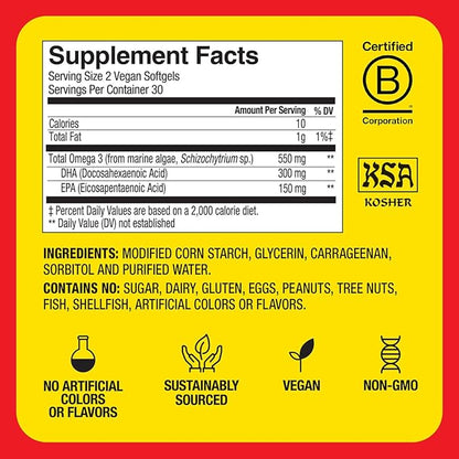 BRAGG Omega-3 Supplement Capsules with DHA and EPA - 90 Vegan Softgels - Sustainably-Sourced Marine Algae - Helps Reduce Inflammation - Supports Eye and Brain Health
