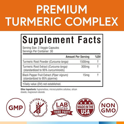 Turmeric Curcumin Supplement 1800mg, with Black Pepper 15mg for Maximum Absorption, 95% Curcuminoids, Mobility & Antioxidant Support, Made in USA, Non-GMO, No Gluten, 90 Vegan Capsules
