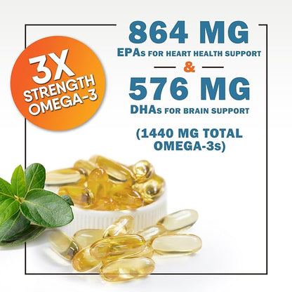 Triple Strength Omega 3 Fish Oil - 2400 mg Natural Omega-3 Supplements Support Brain, Heart & Joint Health with EPA & DHA Essential Fatty Acids - Lemon Flavor, Burpless, Wild Caught - 180 Softgels