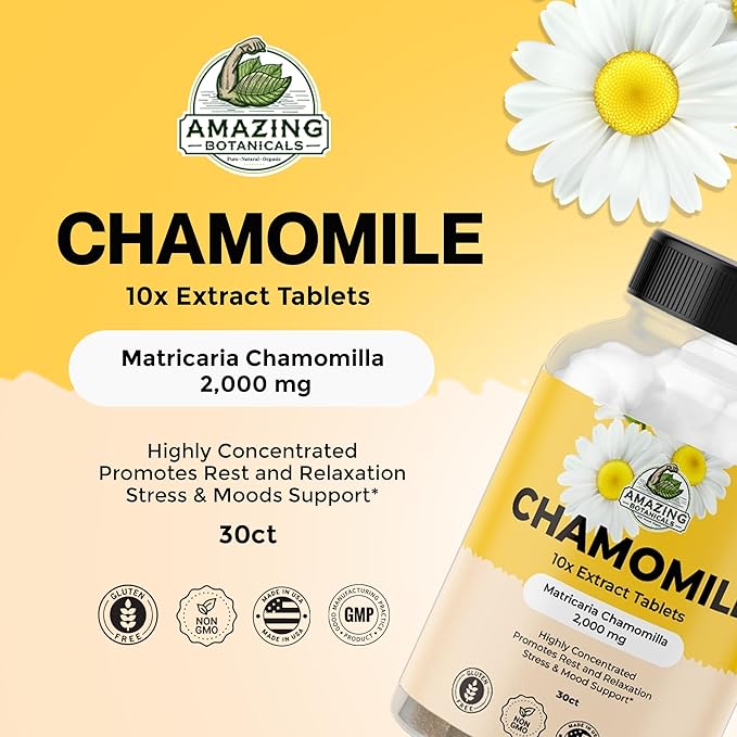 Organic Chamomile Extract Tablets - Matricaria Chamomilla Plant-Based Supplement - 10x Extract 2000 MG Each - Promotes Relaxation - 30 Tablets
