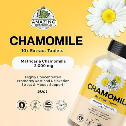 Organic Chamomile Extract Tablets - Matricaria Chamomilla Plant-Based Supplement - 10x Extract 2000 MG Each - Promotes Relaxation - 30 Tablets
