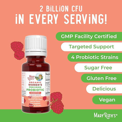MaryRuth Organics USDA Organic Womens Probiotic Liquid Drops for Digestive Health | Targeted Support for Women | Four Probiotic Blend | Women's Wellness | Dairy Free | 30 Servings