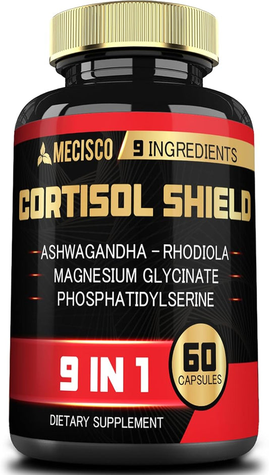 9in1 Cortisol Shield - Ashwagandha & Magnesium Glycinate, Rhodiola, Phosphatidylserine, L-Theanine, Licorice Root, St. John's Wort, Lions Mane - Mind & Mood, Restful Night Support - 60 Capsules