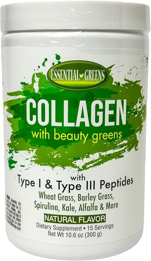 Collagen with Organic Beauty Greens with Type I & Type III Peptides. Natural Flavors. Dietary Supplement. Wheat Grass, Barley, Spiraling, Kale, Alfalfa & More. 10.6 oz