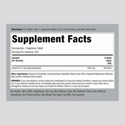Piping Rock Vitamin B12 | 500 mcg | 250 Tablets | Supplement for Women and Men | as Cyanocobalamin | Vegetarian, Non-GMO, Gluten Free