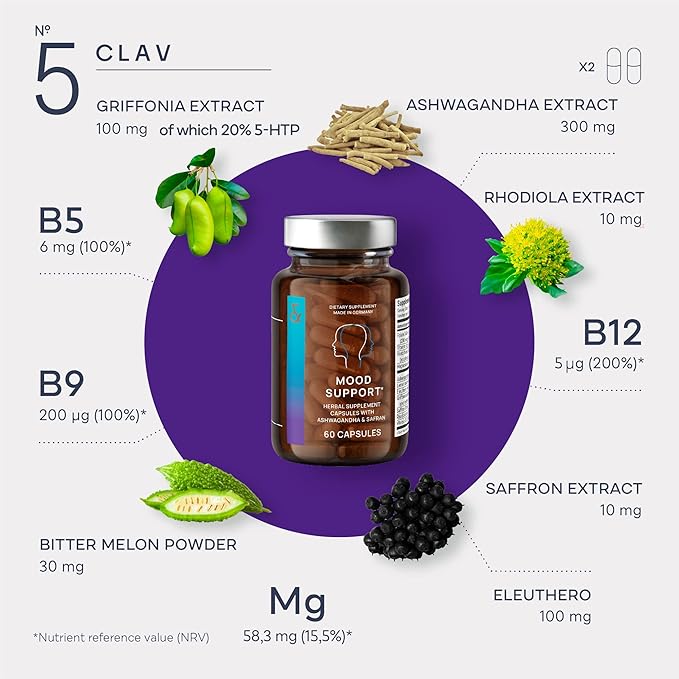 CLAV Mood Support Supplement - with Ashwagandha + Saffron Extract + 5-HTP Griffonia + Siberian Ginseng + Rhodiola rosea - 60 Capsules