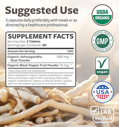 USDA Organic Ashwagandha (120 Vegetarian Tablets) 1350mg Ashwaganda Root Powder Per Serve with Black Pepper - Natural Adrenal Support, Cortisol & Thyroid Support, Immune Support (No Pills or Capsules)
