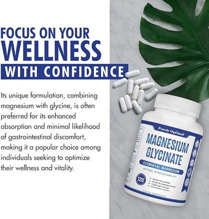 Purely Optimal Magnesium Glycinate 500mg - Premium Non-Buffered Supplement for Sleep, Calm & Muscle Function Support, 120 Easy-to-Swallow Capsules - High Absorption & Gentle on Stomach