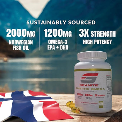 Granite Pristine Omega-3 Supplement, 2000mg Norwegian Fish Oil Supplements with EPA & DHA, Supports Joint, Heart, Brain, & Mood, Sustainably Sourced, Purity Tested (60 Softgels)