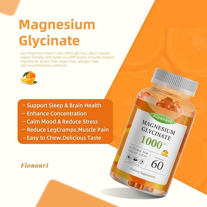 Magnesium Glycinate Gummies 1000mg - for Adults Magnesium Potassium Supplement with Vitamin D, B6, CoQ10 for Calm Mood & Sleep Support - 60 Orange Gummies -1 Pack