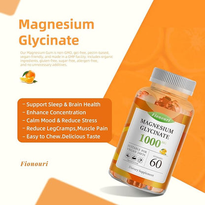 Magnesium Glycinate Gummies 1000mg - for Adults Magnesium Potassium Supplement with Vitamin D, B6, CoQ10 for Calm Mood & Sleep Support - 120 Orange Gummies -2 Pack