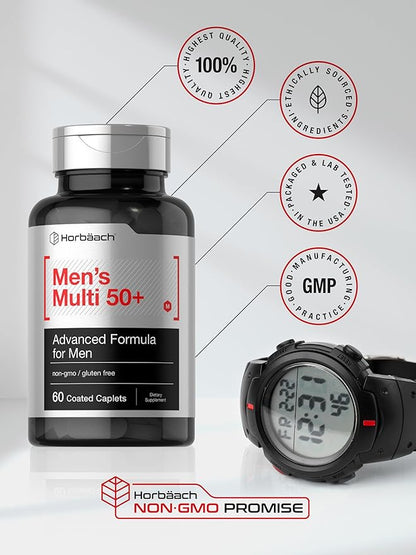 Horbäach Mens Multivitamins 50 Plus | 60 Caplets | with Calcium, Magnesium, Vitamin A, B, C, D & E | 50+ Advanced Formula | Non-GMO & Gluten Free Supplement
