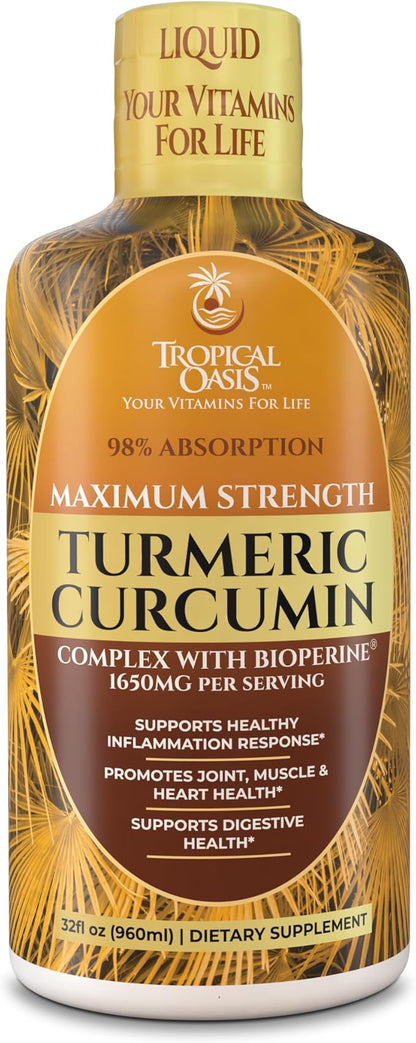 Tropical Oasis Liquid Turmeric Curcumin w/Bioperine - 1650mg Maximum Strength Turmeric Supplement with Black Pepper & Vitamin C - 98% Absorption Rate - 32oz