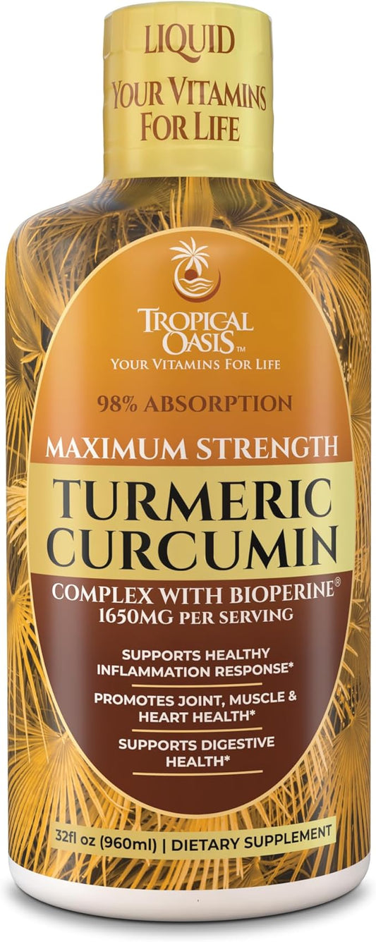 Tropical Oasis Liquid Turmeric Curcumin w/Bioperine - 1650mg Maximum Strength Turmeric Supplement with Black Pepper & Vitamin C - 98% Absorption Rate - 32oz