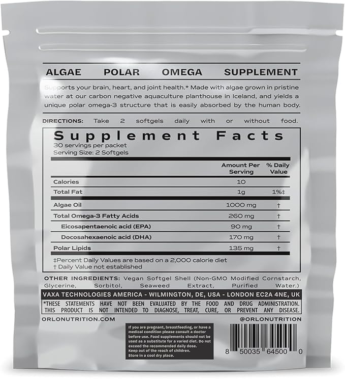 Orlo DHA - Vegan DHA Omega 3 Supplement - Triple Strength Omega3s - Plant Based DHA & EPA Fatty Acids Algae Omega-3 Oil - Krill or Fish Oil Alternative (60 Mini Softgels)
