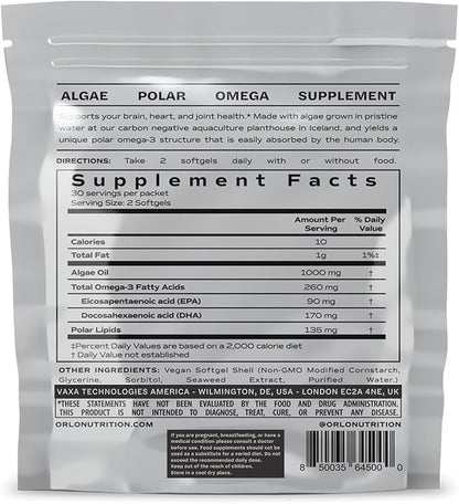 Orlo DHA - Vegan DHA Omega 3 Supplement - Triple Strength Omega3s - Plant Based DHA & EPA Fatty Acids Algae Omega-3 Oil - Krill or Fish Oil Alternative (60 Mini Softgels)