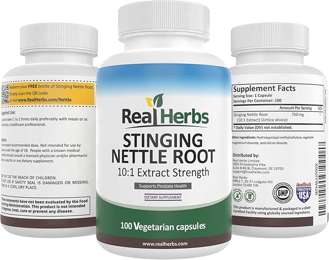 Real Herbs Stinging Nettle Root Extract 7500mg (750mg of 10:1 Extract) – Vegetarian Friendly, Non-GMO, Gluten-Free – Supports Prostate & Urinary Health – 100 Capsules
