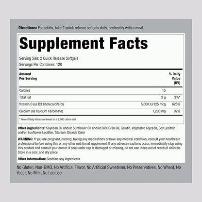 Piping Rock Calcium 1200 mg with Vitamin D3 | 240 Softgels | Absorbable Calcium Carbonate Pills | Non-GMO, Gluten Free Supplement