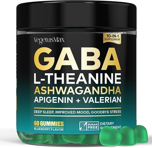 GABA L-Theanine Gummies Natural Stress Relief Supplement - Calm, Sleep, Relaxation & Mood Support, Magnesium, Vitamin B6, Ashwagandha, Apigenin, Non-Habit Forming Sugar free Gummy, Blueberry Flavor