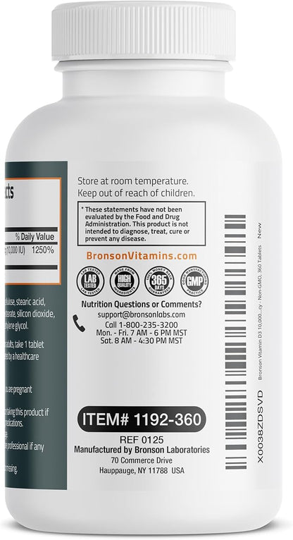 Bronson Vitamin D3 10,000iu (250mcg) 1 Year Supply for Healthy Muscle Function and Immune Support, Non-GMO, 360 Tablets