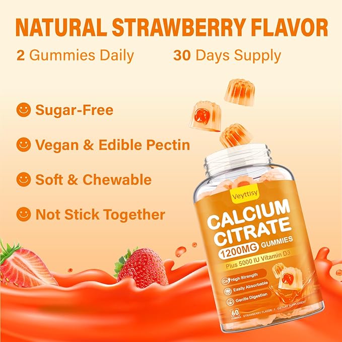 Calcium 1200 mg with Vitamin D3 Gummies for Adults - Calcium Citrate with Vitamin D3 5000iu for Ultimate Absorption - Calcium Supplement for Women Men - Sugar Free, Non-GMO, Natural Strawberry Flavor