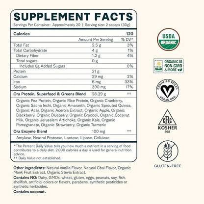 Ora Organic Vegan Protein Powder - 21g Plant Based Protein Powder for Women and Men | Clean Protein Source, Keto Friendly, Gluten Free, Paleo, Dairy-Free, Gluten-Free, Soy-Free (Vanilla Chai)